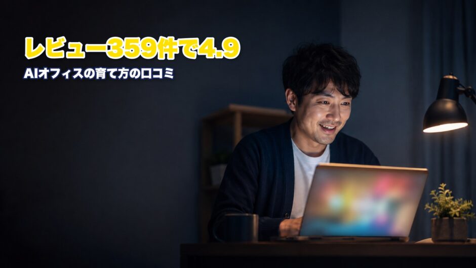 夜のデスクでAIオフィスの画面を楽しそうに見る男性