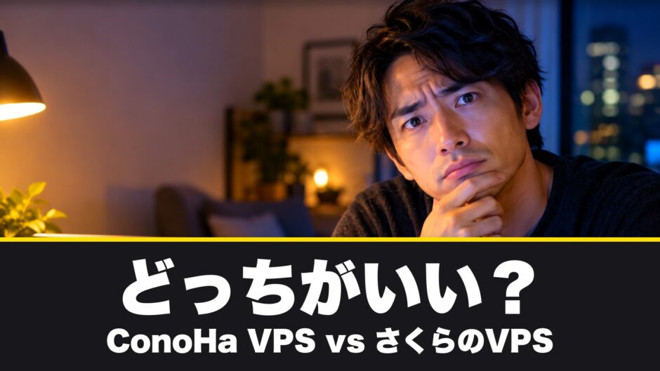ConoHa VPSとさくらのVPSのどっちがいいか比較（ノートパソコンの前で悩む男性）