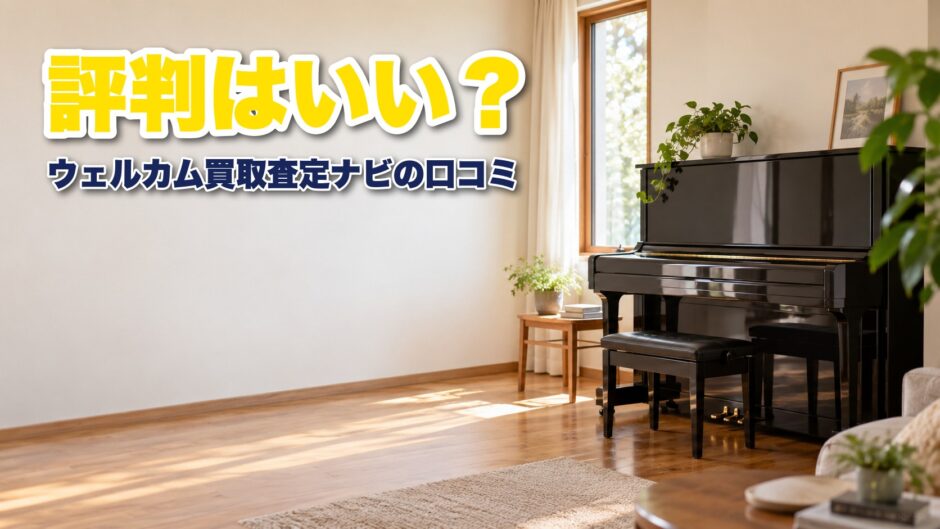 ウェルカム買取査定ナビの口コミと評判を紹介する記事のアイキャッチ（リビングに置かれた黒いアップライトピアノ）